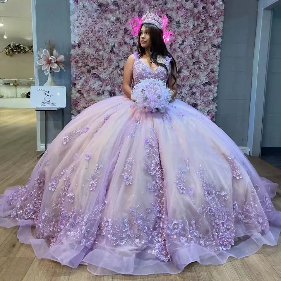 

Elegant Lilace Lace Quinceanera Dresses 2025 Off Shoulder Applique Flower Beads Tull Sweet 16 Princess Birthday Party Gown