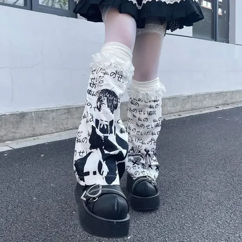 Y2K ผู้หญิงสาว Harajuku สุภาพสตรีถุงเท้าเท้า Punk ขาอุ่น Gothic Lolita พิมพ์ขาอุ่นถุงน่องการ์ตูนอะนิเมะถุงเท้ายาว