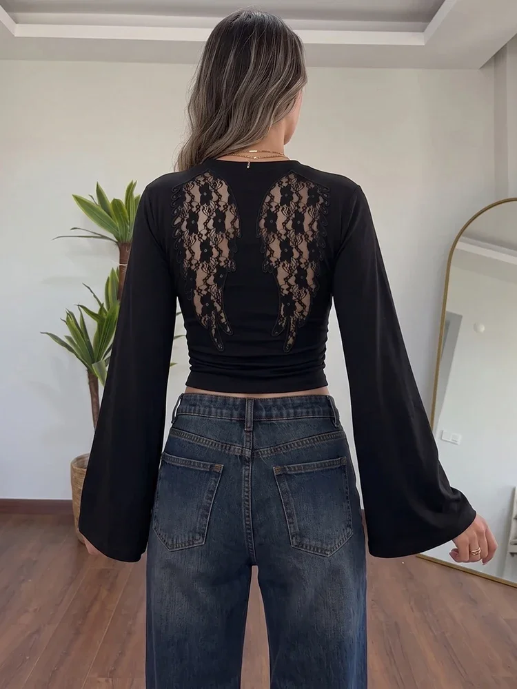 Weird Puss Wings Shape Lace Patchwork T-Shirts Woman Autumn Trend o-Neck Full Sleeve Backless High Street Style Classic Tees