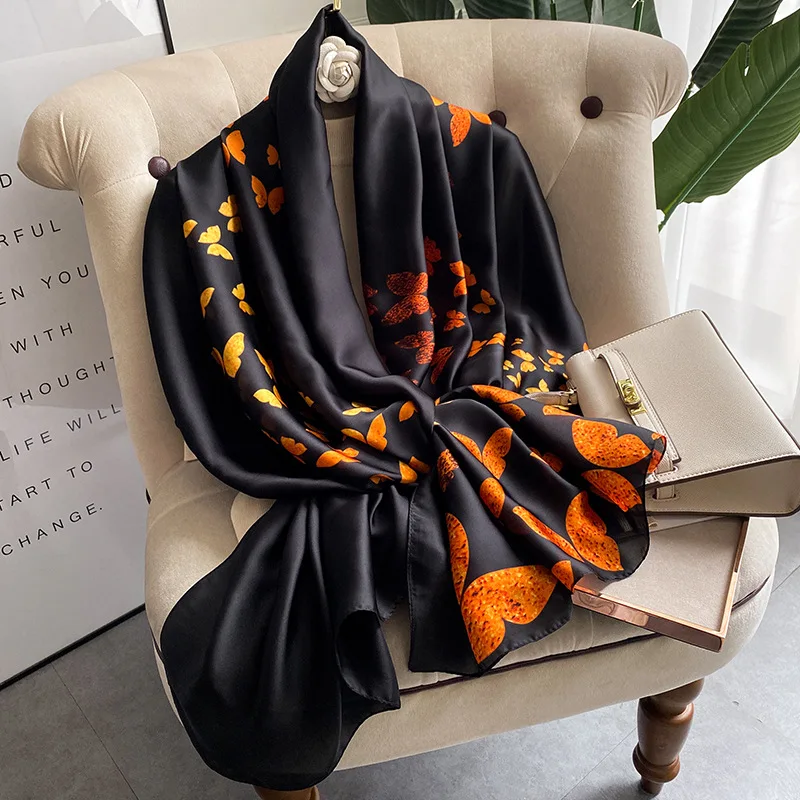 180*90cm Classic Women Silk Scarf Female Lady Beach Wrap Chiffon Houndstooth Gradient Shawl Sunscreen Bandanna Foulard Muffler