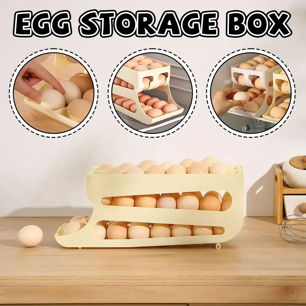 Large Capacity Auto Positioning Egg Storage Box Three Tier Double Row 7° Slope Ladder Style Fridge Egg Organizer Space Saving