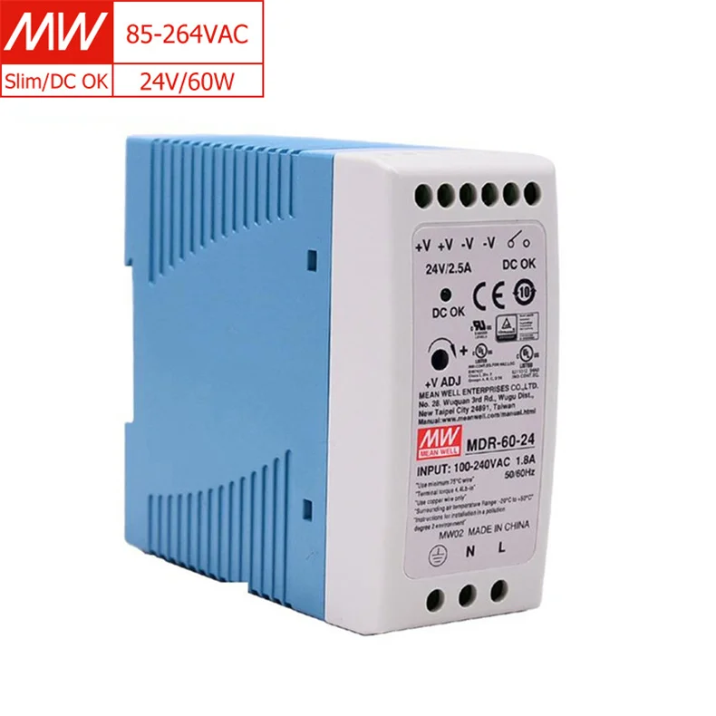 

MDR-60-24, низкая потеря без нагрузки, множественная защита, эффективность 87% 24 В, 60 Вт, источник питания на DIN-рейку для промышленной автоматизации