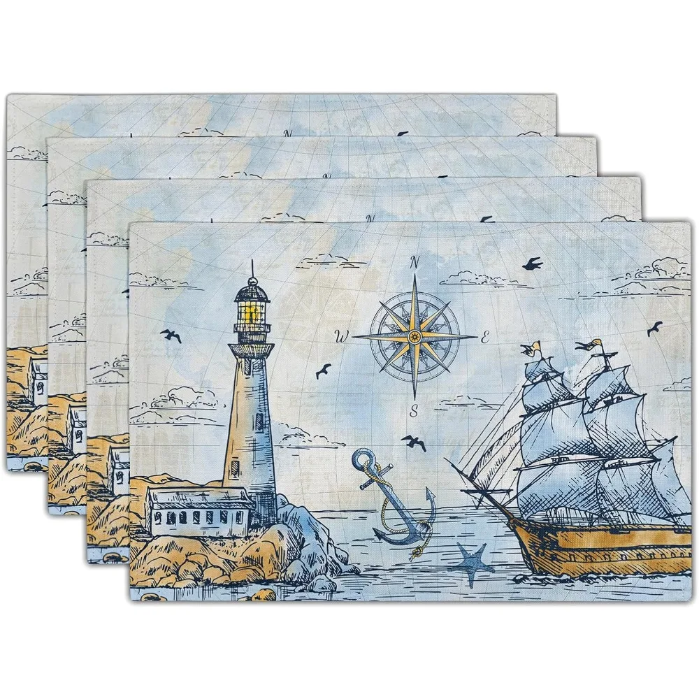 Nautical Placemats Set Of, Retro Compass Lighthouse Anchor Sail Boat Ocean Theme Placemat Heat Resistant Washable Place Mats For