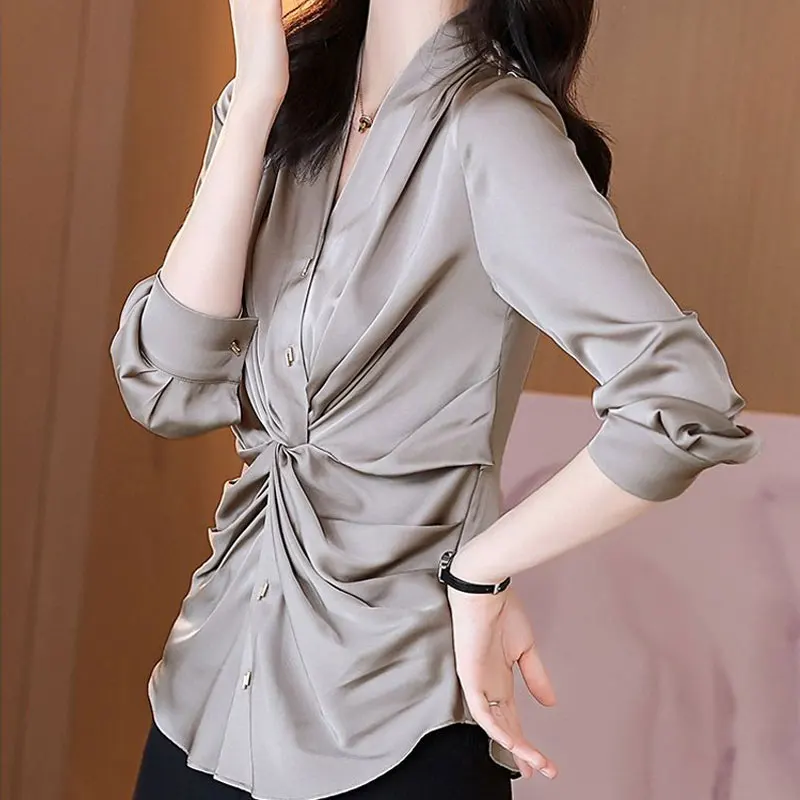 Commute Solid Color Folds Blouse Spring Autumn Fashion Slim Long Sleeve Female Clothing All-match Elegant V-Neck Button Shirt