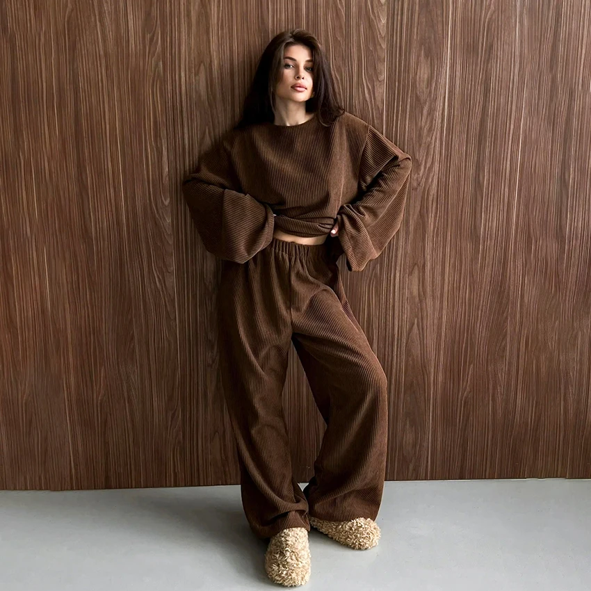 

Hiloc Casual Round Neck Women'S Nightwear Set Solid Minimalism Long-Sleeve Thick Top Autumn Winter Elastic Waist Trousers 2025