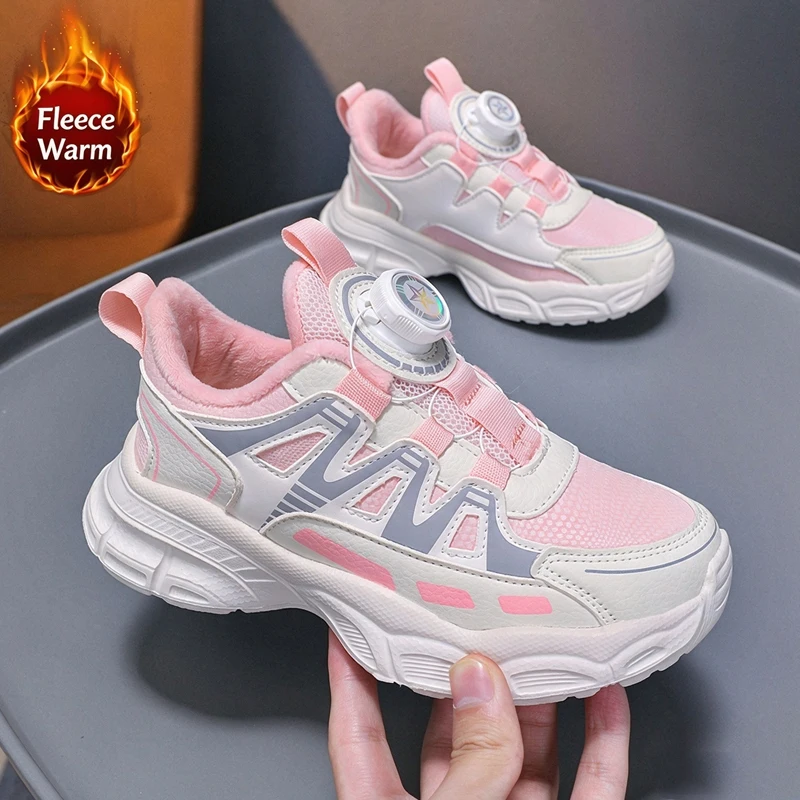 Fashion Girls Winter Warm Cotton Sneakers Leather Upper Rotating Buckle Anti-slip Lightweight Kids School Sports Running Shoes