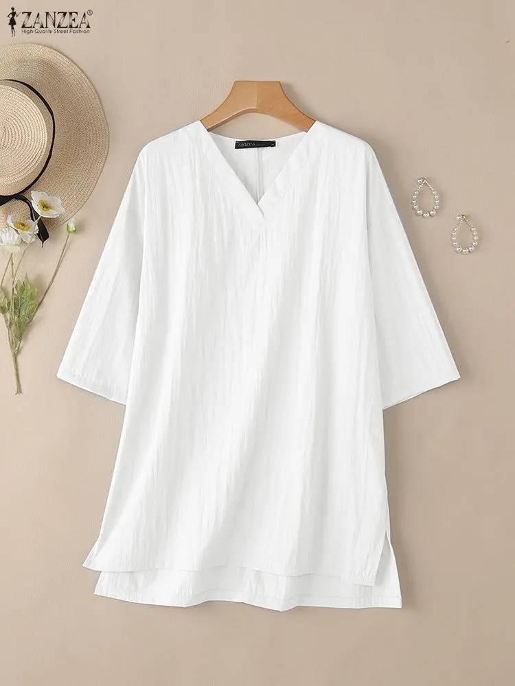 เสื้อผู้หญิงทรงหลวม ZANZEA รุ่นปี 2025 สำหรับฤดูใบไม้ร่วง คอวี แขน 3/4 เสื้อเบลาส์ลำลอง สีพื้น เนื้อผ้าบางเบา เสื้อทำงานผู้หญิงทรงโอเวอร์ไซส์