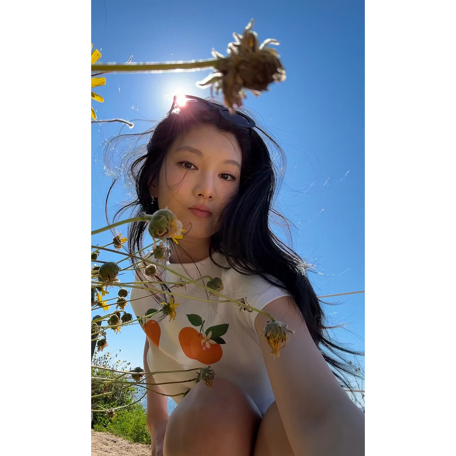 Slim Fit Short Sleeve T-Shirt Sakura Model White Korean Style Girl Cute Orange Print Summer Top Fashionable Cotton Blend Tee