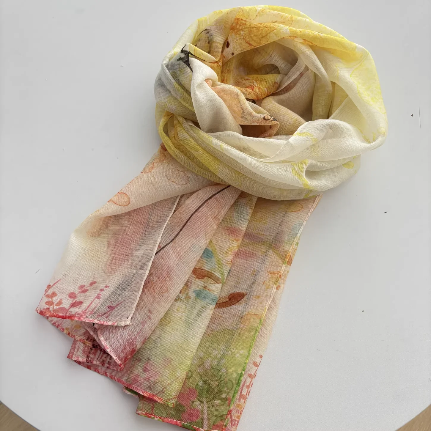 

50% Silk 50% Wool Neck Scarves for Women Autumn Yellow Print Neck Scarves Head Handkerchief for Women