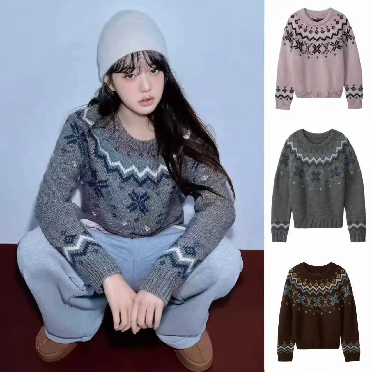 

Вязаный свободный круглый свитер в стиле ретро с узором Fair Isle, зимний теплый женский топ с геометрическим узором в скандинавском стиле