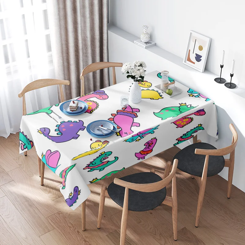 

Colorful Cartoon Dinosaur Tablecloth for Children's Parties White Printed Food Cover with Placemats Set 120x180cm (White)