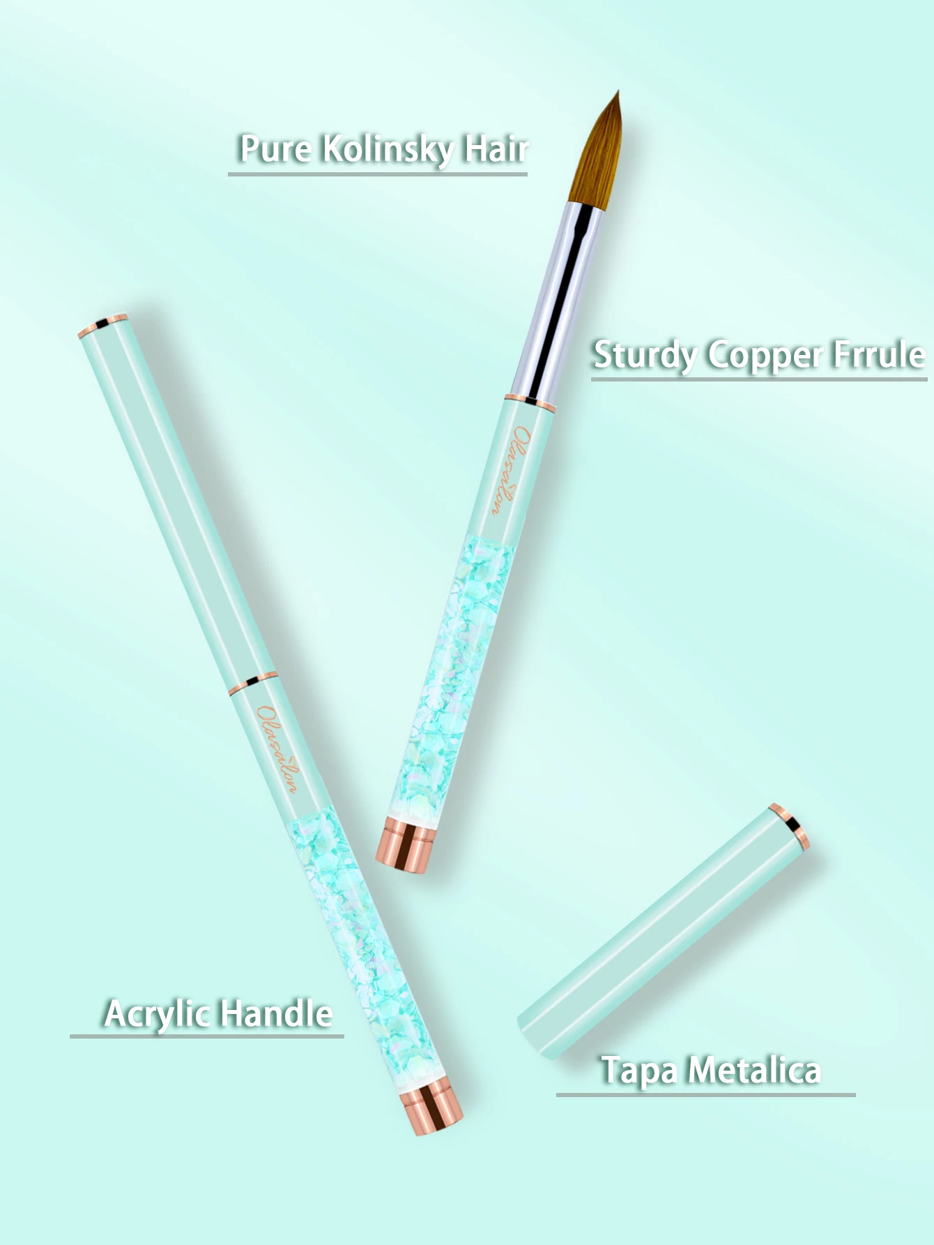 Olasalon 100% Kolinsky acrylic nail brush, acrylic nail brush for manicure, glittery with metal handle, mint Green urable