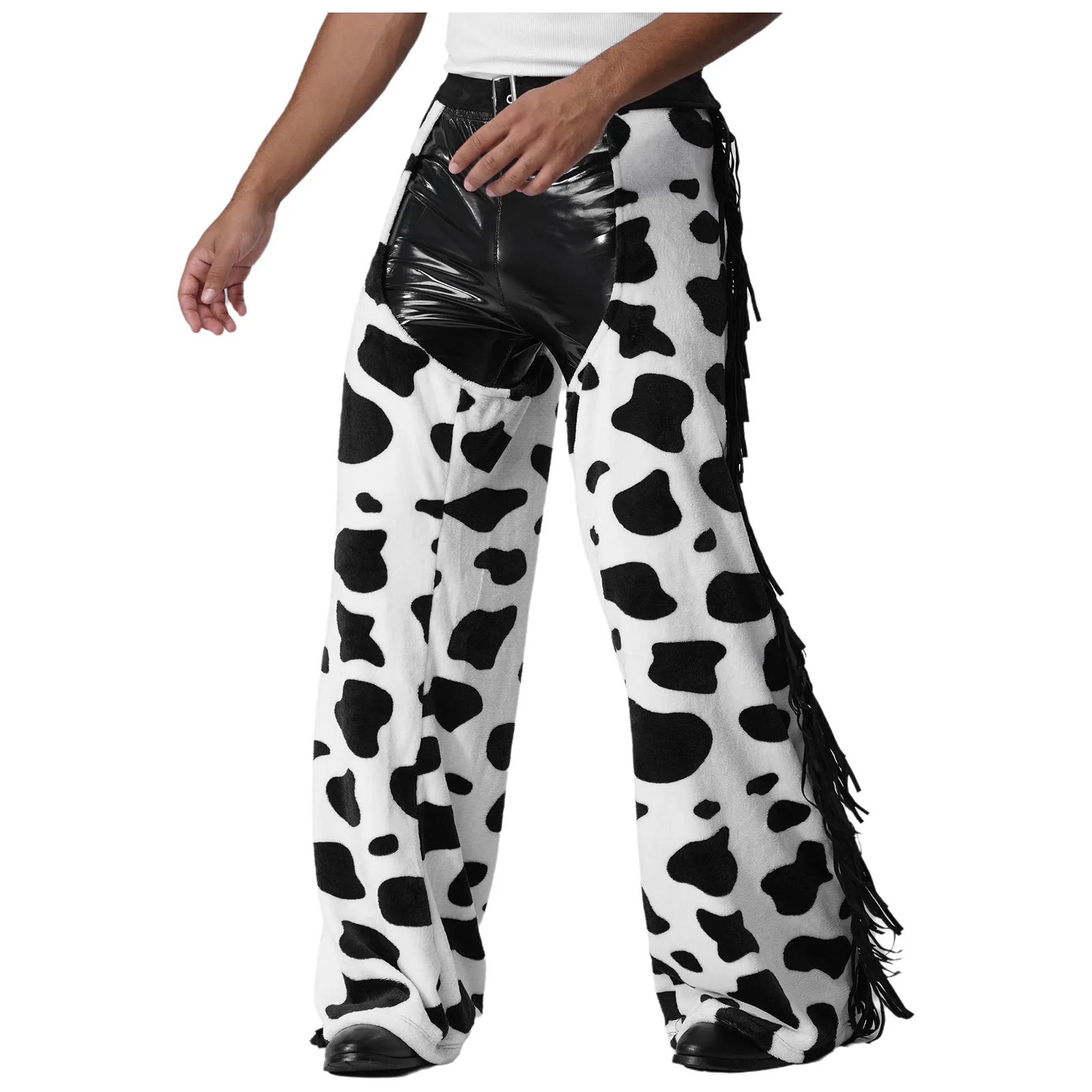 

Mens Cowboy Chaps Cow Spot Pattern Flannel Long Pants Side Tassel Open Crotch Biking Riding Trousers Halloween Cospaly Costume