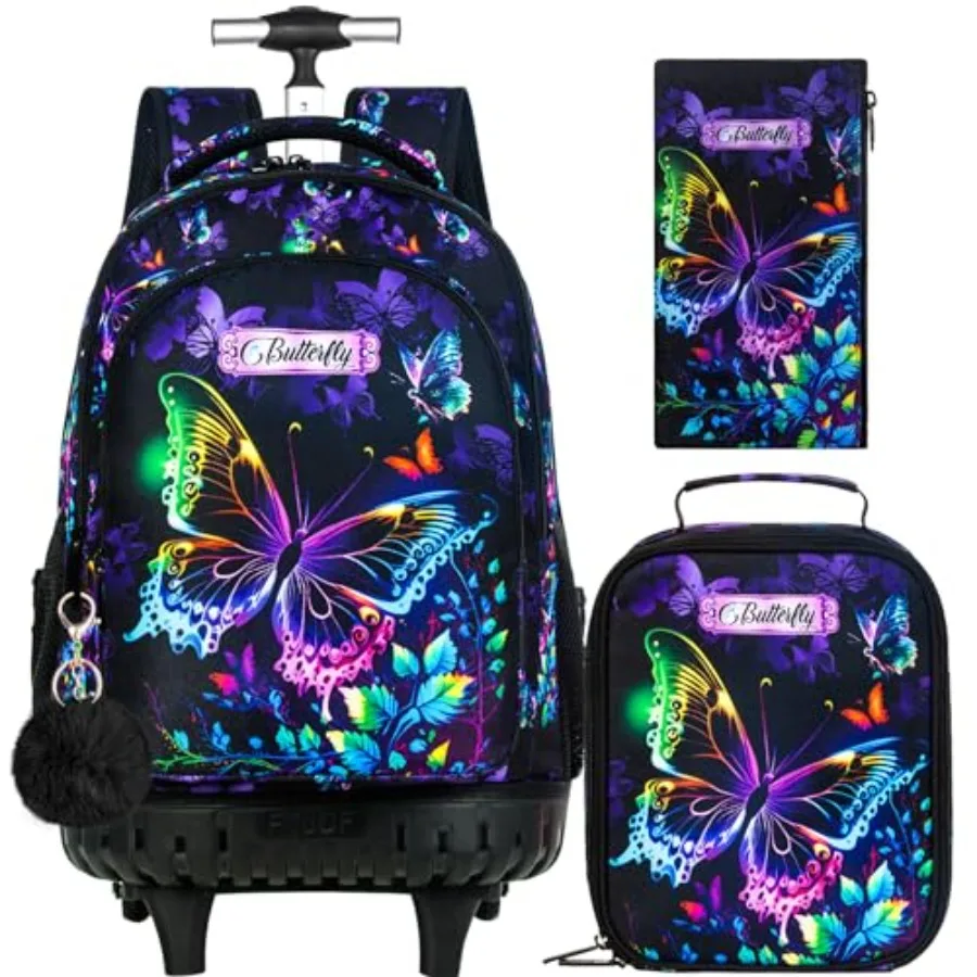 

3PCS Rolling Backpack for Girls, Womens Butterfly School Backpacks with Wheels, Water Resistant Roller Wheeled Bookbag Set with