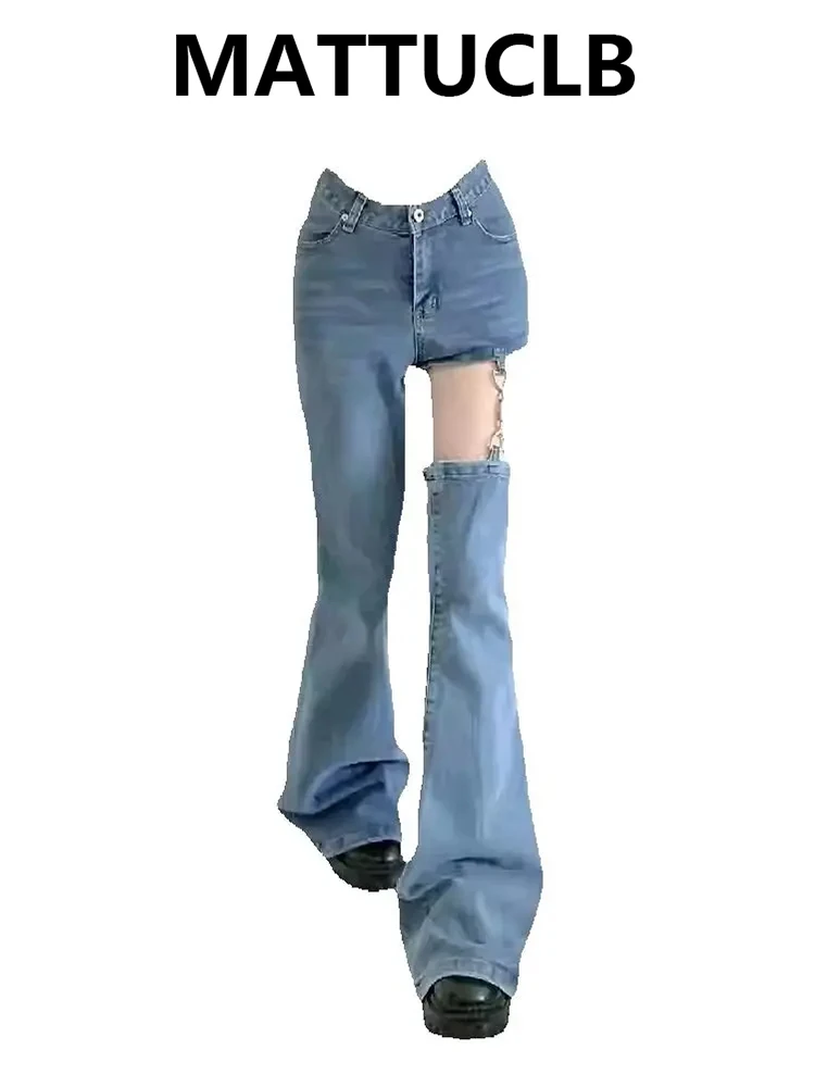 

Женские дизайнерские джинсы-клеш в стиле 2000-х годов с вырезами, расклешенные джинсы, длинные брюки, K-pop, японский стиль Y2K, ковбойский стиль, уличная мода