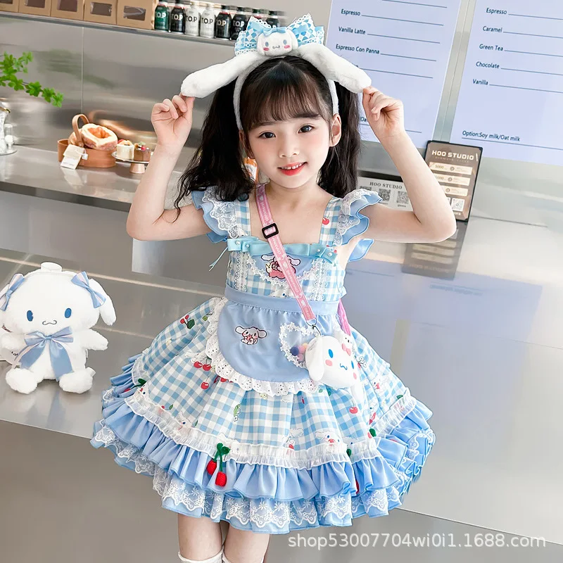 

Cartoon Cinnamoroll Girls' Lolita Dress Blue Plaid Flying Sleeve Princess Dress Kawaii Children Birthday Summer Puffy Dress