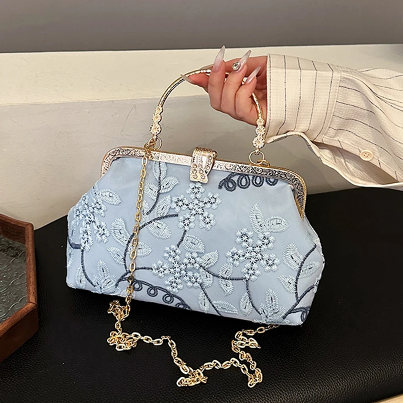 Vintage Chinese Style Evening Bags Handmade Embroidery Flower With Handle Handbags For Women Fashion Chain Shoulder Bags Clutch