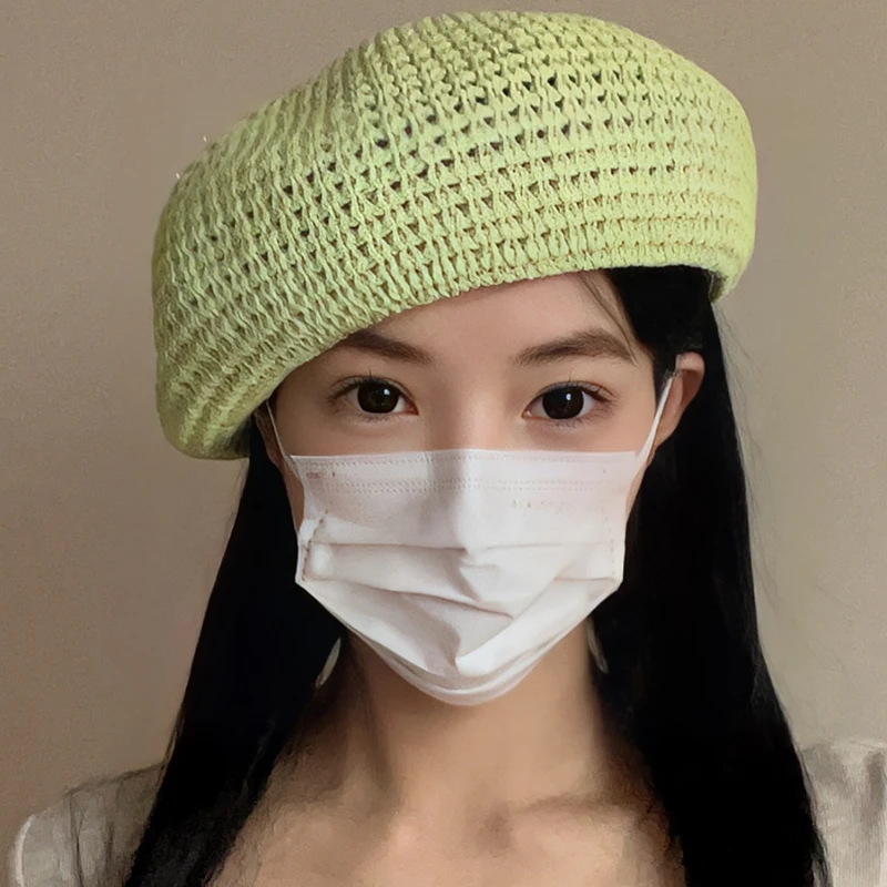 Y2k Sweet Girl Summer Green Straw Openwork Beret Solid Color  Simple Dome Painter Hat  Berets Caps for Women