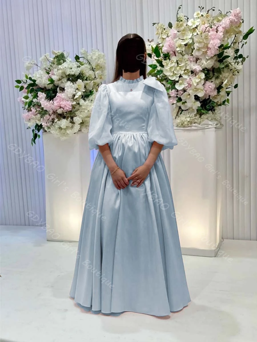 فستان وصيفة العروس وردي رشيق للنساء لحفلات الزفاف برقبة عالية وأكمام بالونية فستان سهرة رسمي مع فيونكة كتف مخصصة