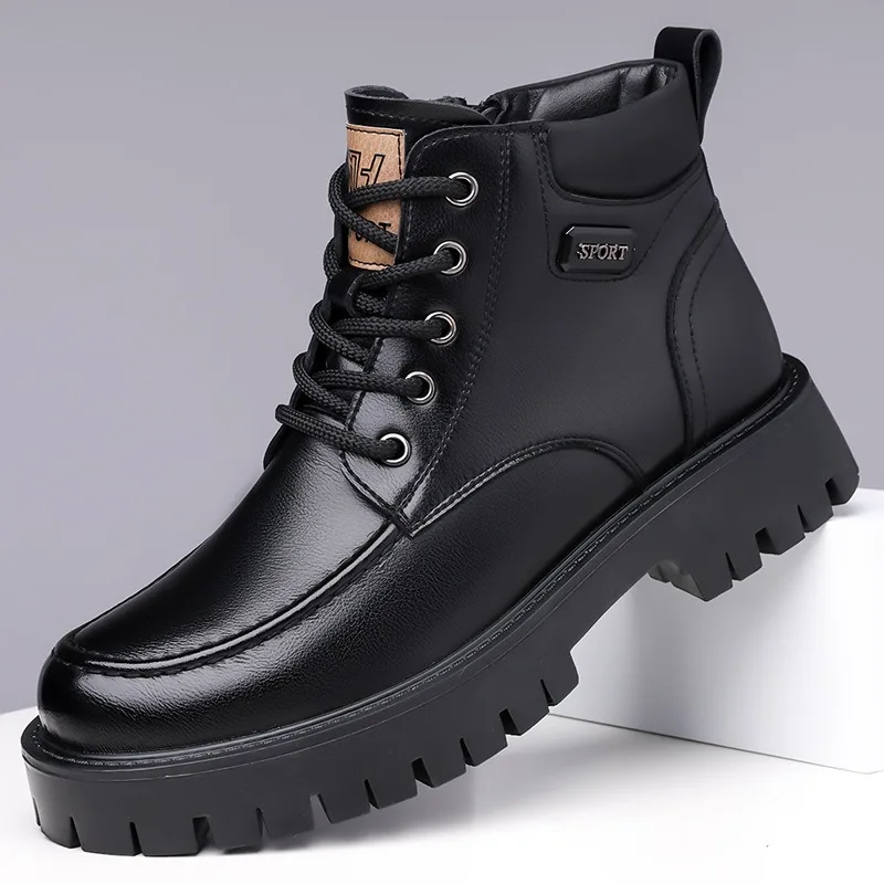 Stivali da uomo con plateau in velluto in pelle retrò Moda Stivali da neve da uomo caldi invernali con suola morbida Designer Scarpe da lavoro in cotone nero Uomo