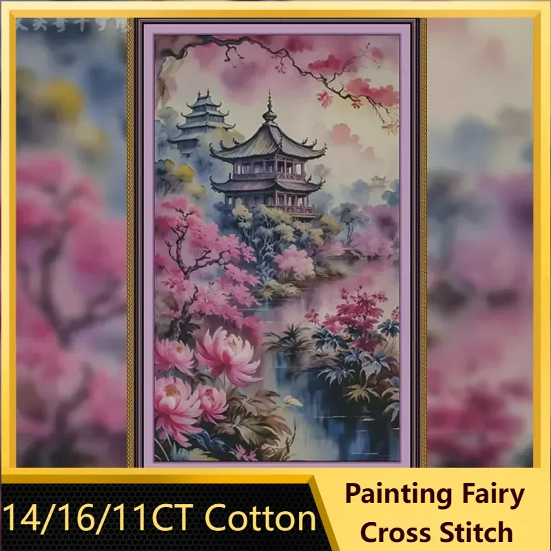 [ZZ6213-Peony in front of the pavilion] Stamped Cross Stitch Kit 14CT 16CT Printed Canvas Cotton Floss DIY Embroidery Wall Decor