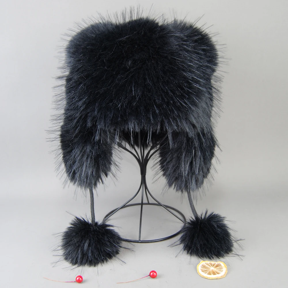 Fluffy Soviet Hat False Raccoon Fur Hats for Woman Winter Octopus Bomber Earflap Knitted Ball Fashionable Flap Cap Mongolian Hat