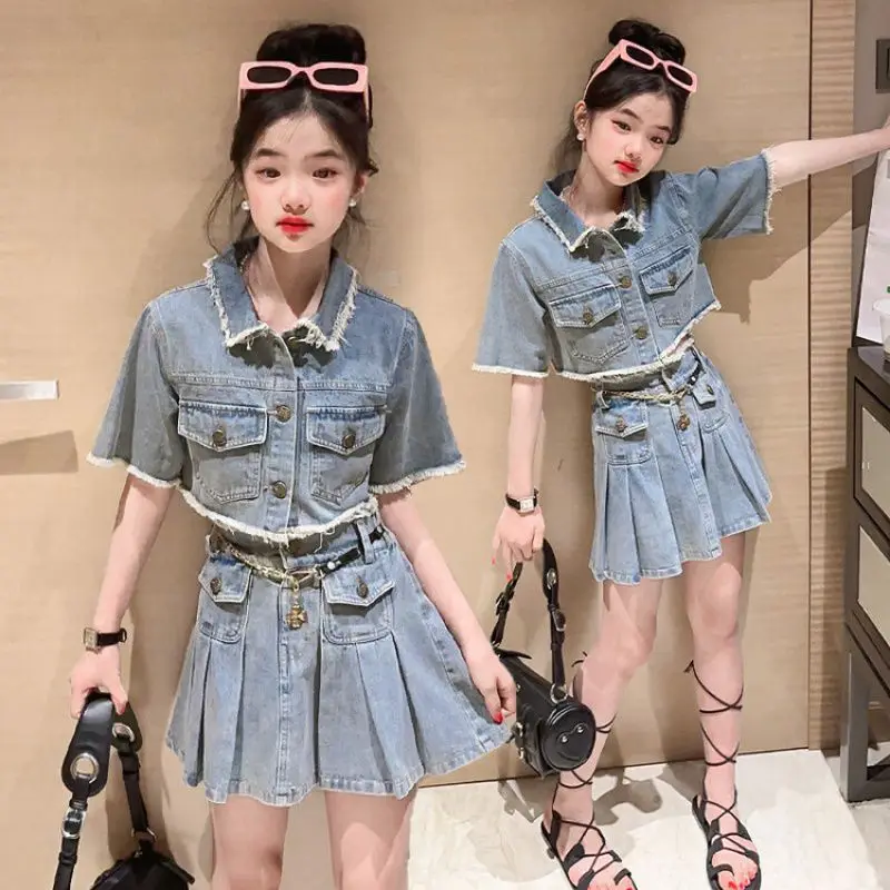 Girls Casual Denim Clothes Suit Summer Teenage Off-The-Shoulder Top+Skirt 2PCS Outfits 4 6 8 10 12 14 Years Costume for Children