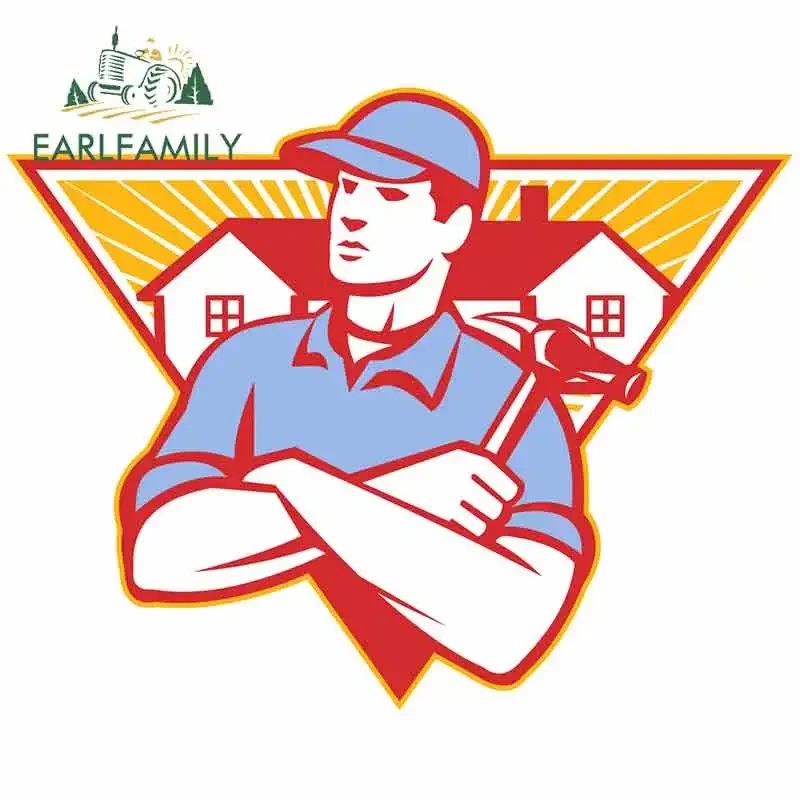EARLFAMILY 13cm x 10.4cm Worker Hammer Repair Car Stickers Vinyl Car Wrap Auto Building Construction Decal Amusing Trunk Decor