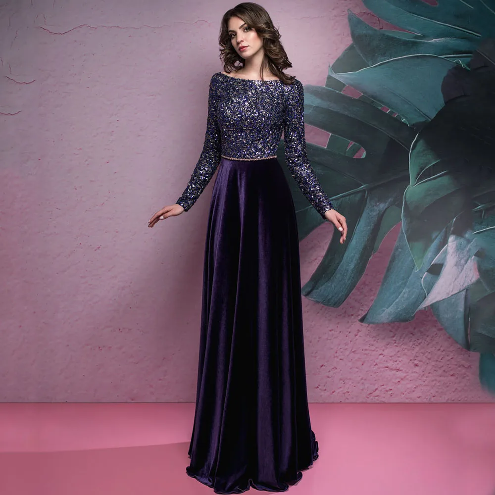 

Gorgeous Beaded Sequined Cocktail Party Evening Dress Shiny Luxurious Long Sleeve Scoop Neck Maxi Dresses Women's Banquet Gown