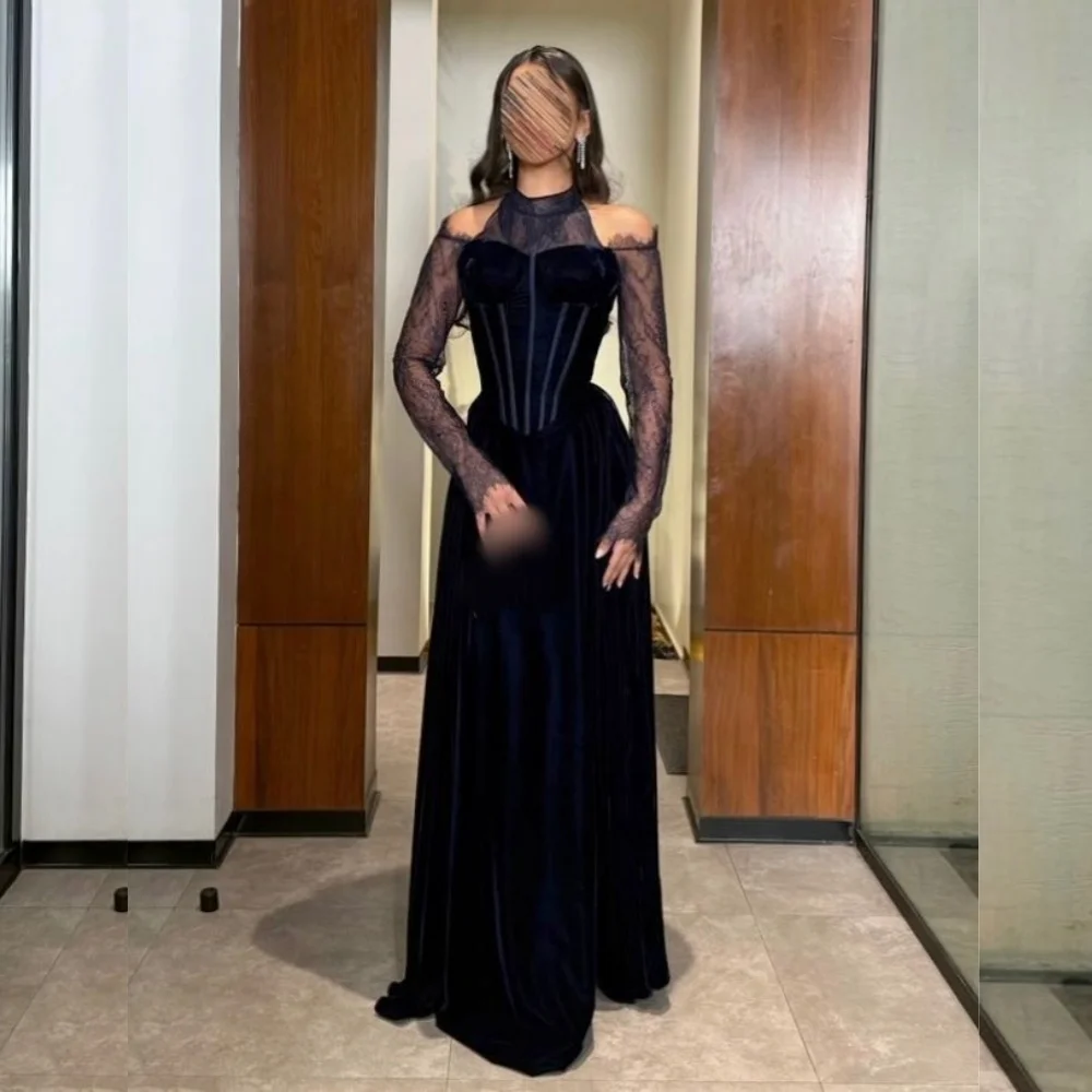 

Customized High Collar Lace Long Sleeves A-line Long Dresses Bespoke Occasion Classic Elegant Party Wedding Formal Evening