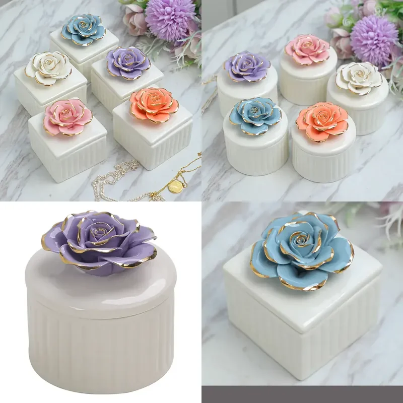 for Nordic Style White Porcelain Rose Pattern Hand Painted Gold Storage Jar Home Jewelry Box Candlestick Wedding Gift Box