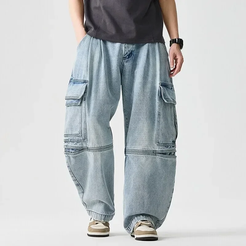 2026 Men Y2K Retro Wash Denim Cargo Pants Men Vintage Multi-Pockets Loose Wide Leg Trousers Men Casual Streetwear Pants
