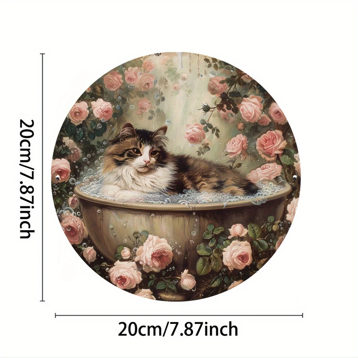 Single Pack Vintage Rose and Bubble Cat Enjoys Aluminum Sign, Metal Wall Decor, 8x8 Inch, with Foil Engraving Art, for Home, Ind