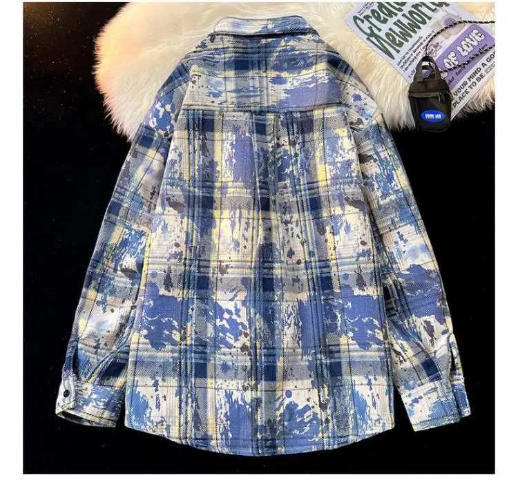 2025 Spring and Autumn Men's Green Plaid Shirt American Retro Style Purple Blue Tie-Dye Casual Long Sleeve Shirt