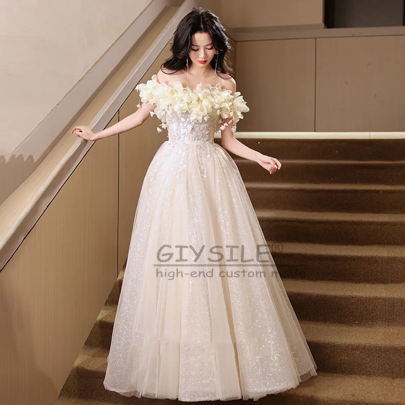 GIYSILE Aangepaste One-schouder Champagne Avondjurk Vrouwelijke 2025 Nieuwe hoogwaardige Banket Bloemen Lovertjes Prinses Pluizige Jurk