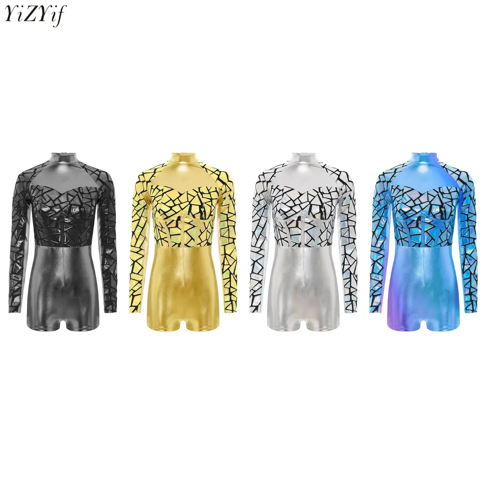 

Women's Hippie Disco Dance Jumpsuit Long Sleeve Metallic Shiny Patchwork Bodysuit Leotard Dancewear Space Warrior Alien Cosplay