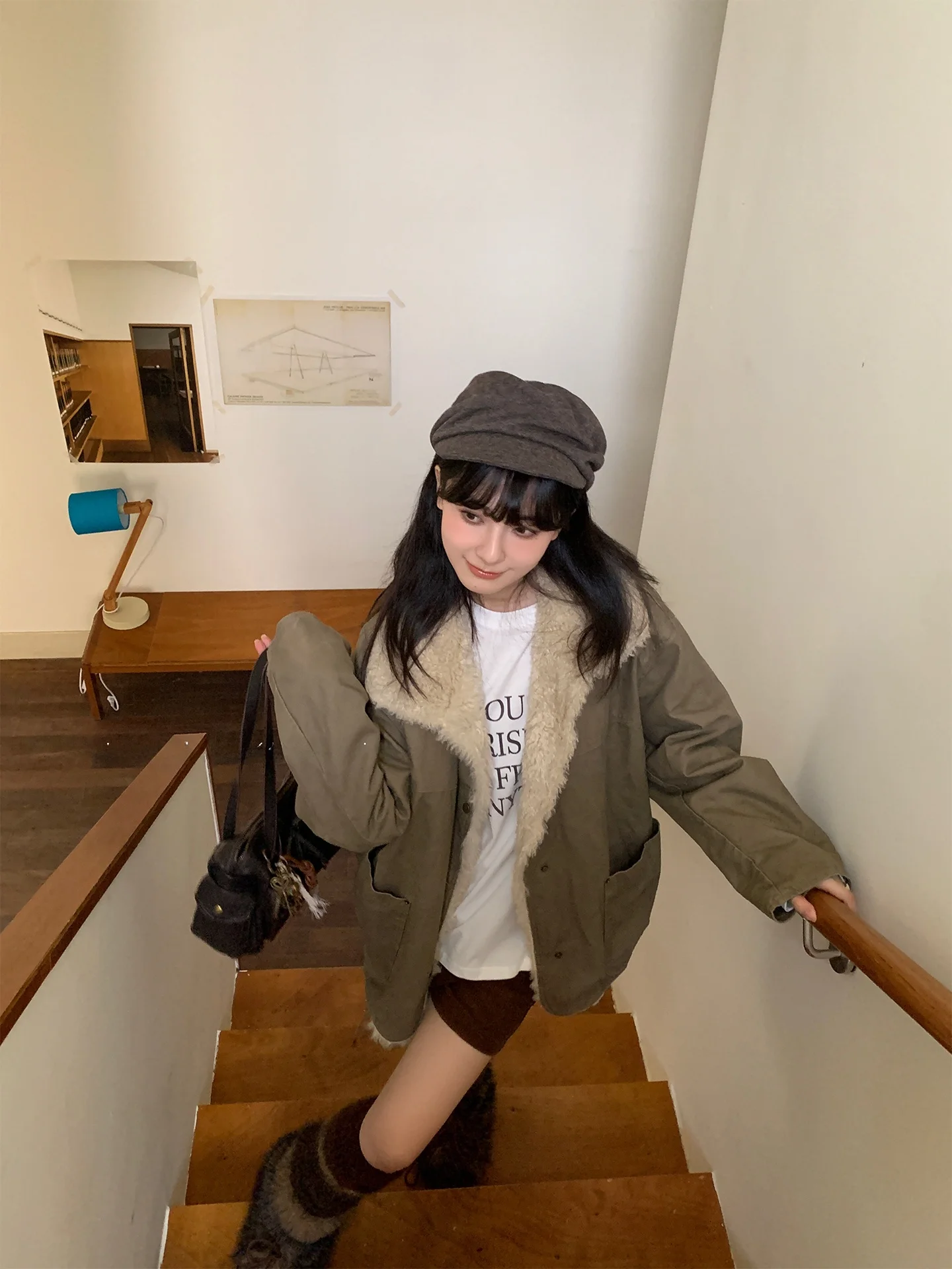 

EIDM Diamond Pure Cotton Eco-friendly Furry Casual Style Jacket with 3D Pocket Design for Women Short Outerwear Coat