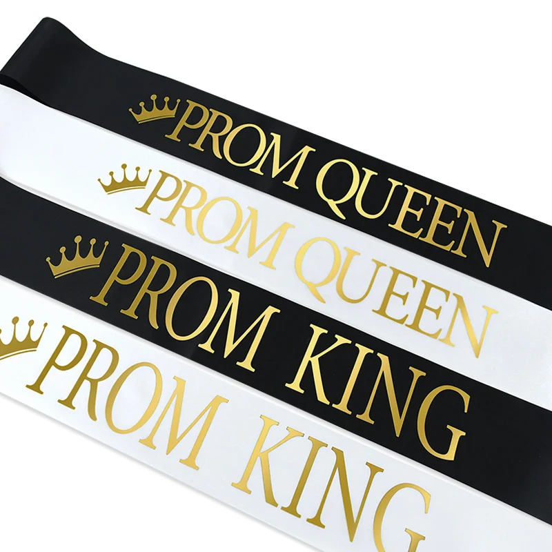 Women Men White Prom King Queen Sash Black Crown Satin Sashes Scarf Belt Shoulder Strap for Happy Prom Party Decoration