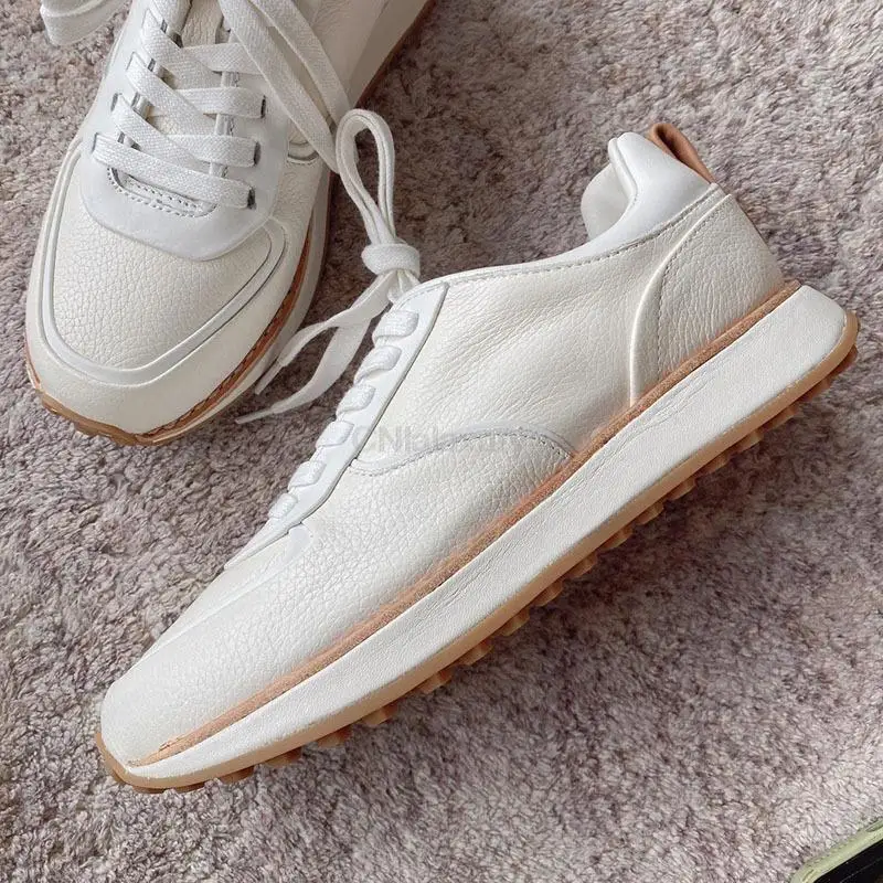 CNlalaxury 2022 New Fashion Women Genuine Leather Lacing Thick Sole Casual Shoes Solid Simple Sneaker Ladies Shoes Female