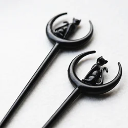 17*4cm Black Cat Elf Hairpin About 36g Moon Hair Stick Pagan Gothic Viking Hair Accessories Gift