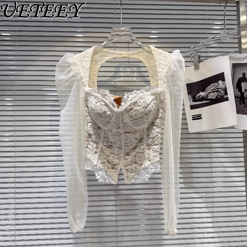 

Осень-зима, новый французский стиль, светская блузка с квадратным вырезом, сетчатый топ с длинными рукавами, утягивающая кружевная блузка с рыбьей косточкой на талии, короткая рубашка