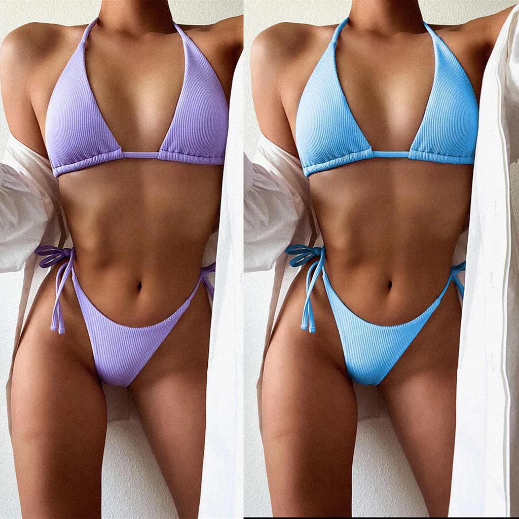 Blue Halter Bikinis Sexy Womens Brazilian Bathing Suit Solid Color Lace Up Biquinis Female Push-Up Triangle Cute Bathing Suit