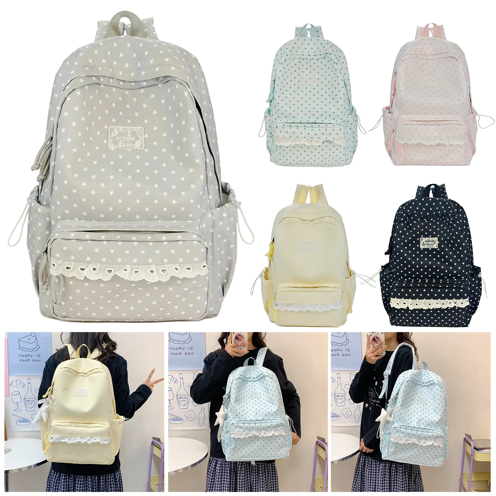 Women Polka Dot Lace Backpack with Compartments&Pendant Soft Stylish Rucksack Cute Lightweight Backpacks Travel Carrying Package