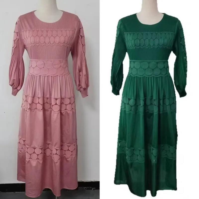 ミヤケプリーツプラスサイズドレス2025ファッションホローレースルーズ気質エレガントレディース秋新作ロングスカート婦人服