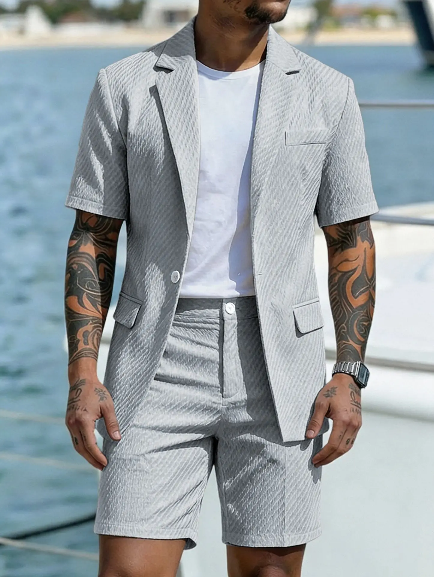 Herren Leichter Strukturierter Zweiteiler mit Reverskragen, Kurzarm-Einreiher-Blazer und Passenden Shorts für Sommerlichen Smart-Casual-Look – Detail 15
