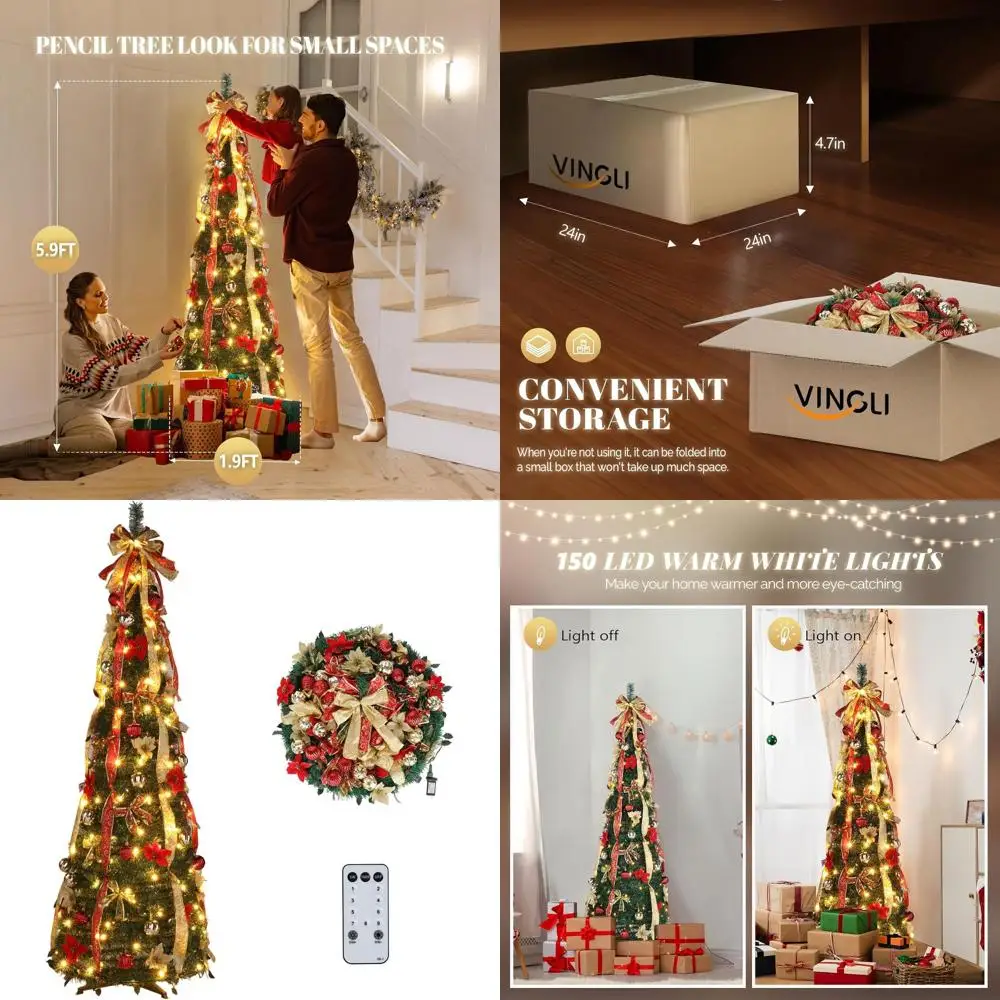 

6-футовая всплывающая рождественская елка с красной и золотой подсветкой и украшениями