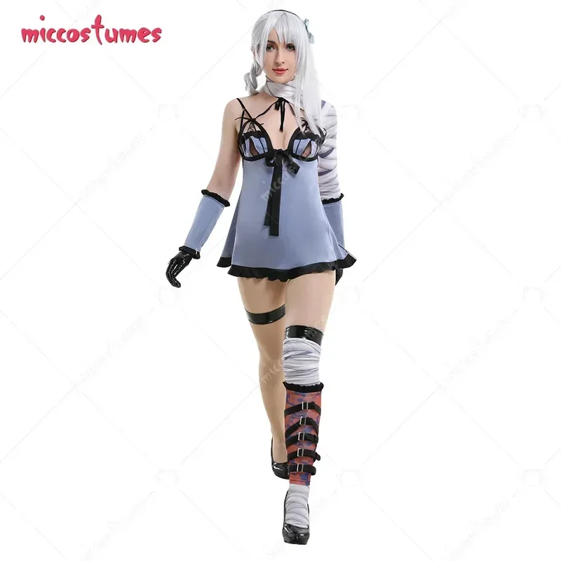 Miccostumes Sexy Bow-Strapped Lingerie Sleepwear Suspender Light Blue Dress Full Set Cosplay Costume with Leggings