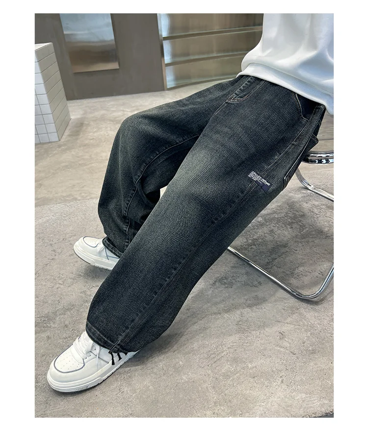 Koreanische Modische Jungen-Jeans mit Buchstabendruck, Gerade Geschnittene Denim-Hosen, Kinderhosen mit Weitem Bein, Lässige Kinderhosen für Alter 5-14 Jahre – Detail 5