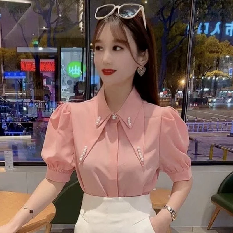 Ladies Blouses 2024 Puff Sleeve Chiffon Trends Satin Shirt Woman Youth Half Sleeve Top with Puffy Sleeves Elegant Chic Loose