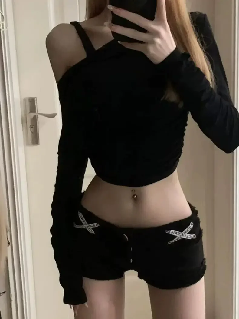 밀레니얼 스타일 울 에지 데님 반바지 여성 핫 소녀 로우 허리 슬림 힙 팩 팬츠 트렌디